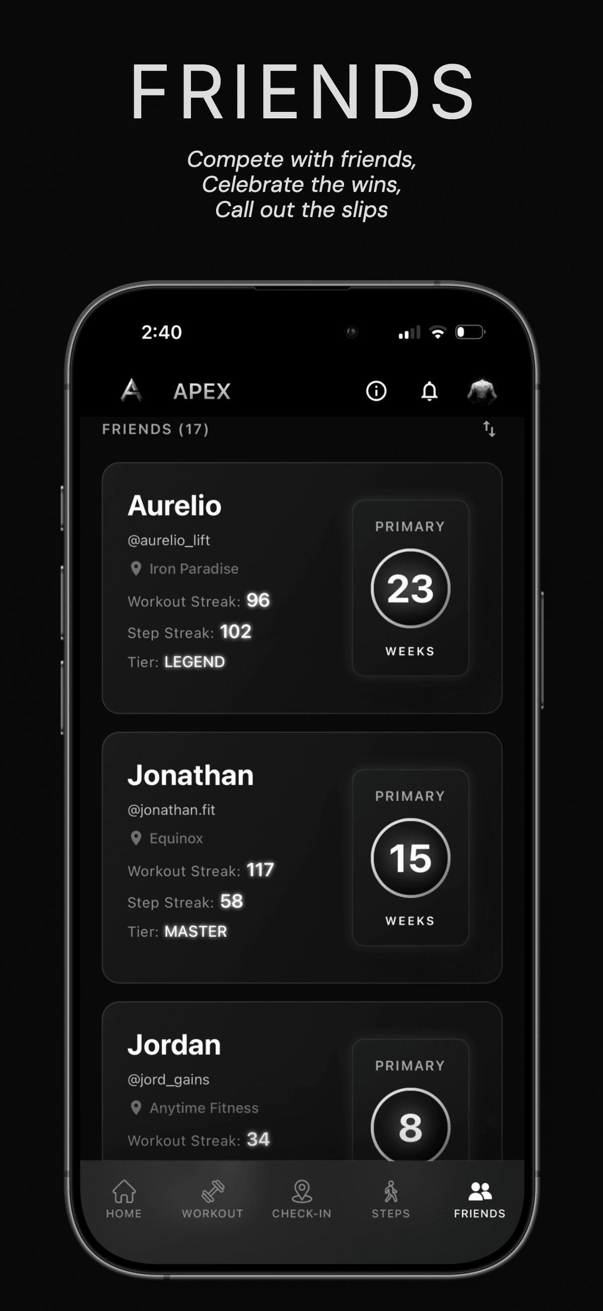 Friends — Compete with friends, celebrate the wins, call out the slips